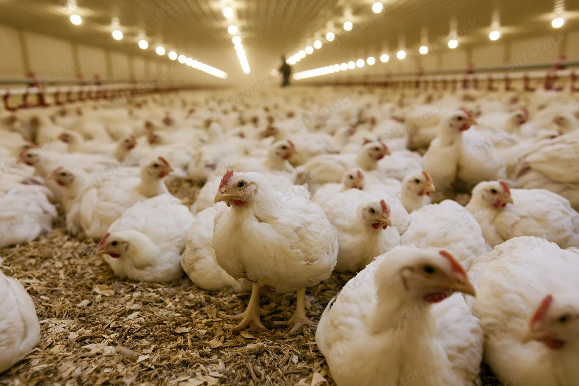 White chickens densely packed in a large indoor commercial poultry barn with wood shavings on the floor and overhead lighting