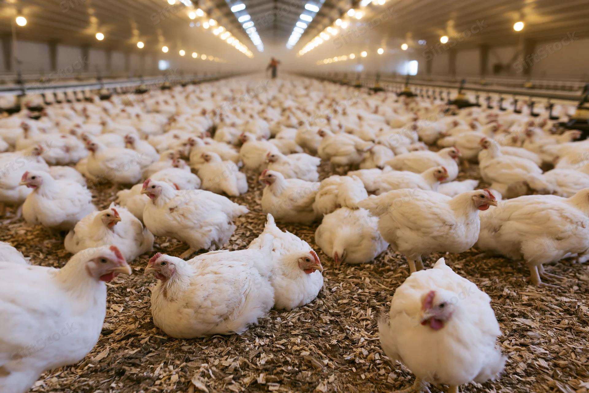 White chickens resting and moving on wood shavings inside a large commercial poultry barn