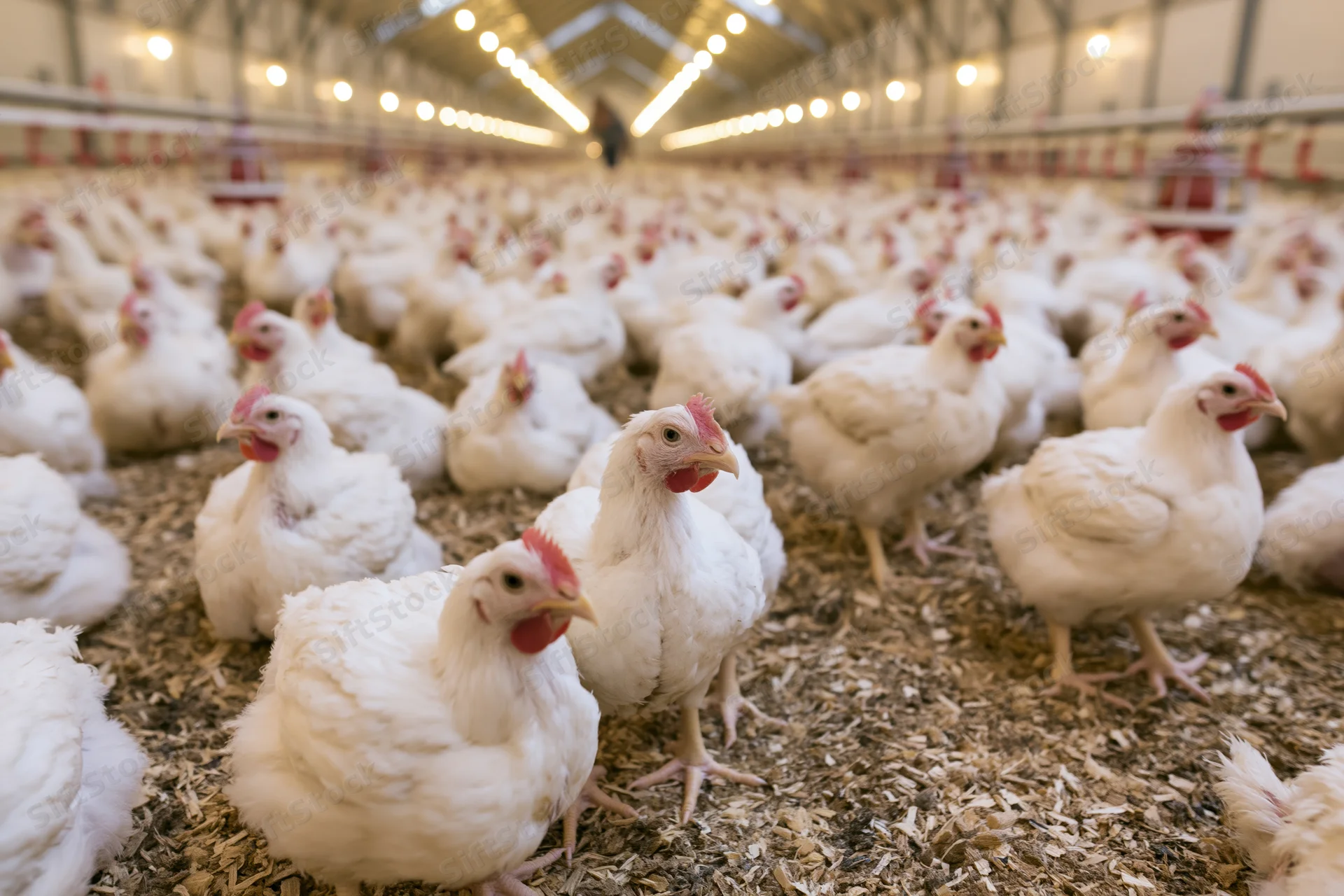 White chickens standing and resting in a large indoor commercial poultry barn with wood shavings on the floor and rows of feeders and lights along the ceiling