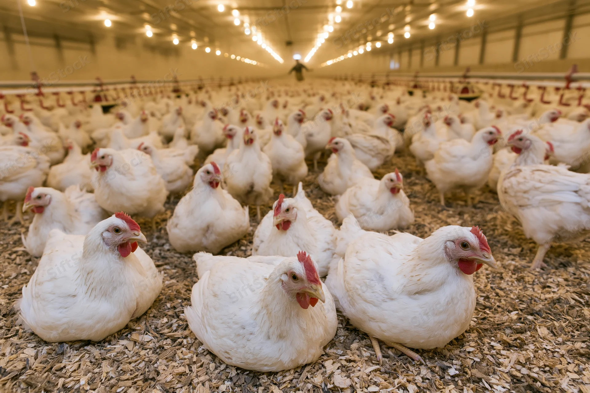 White chickens resting on woodchip flooring inside a large commercial poultry barn