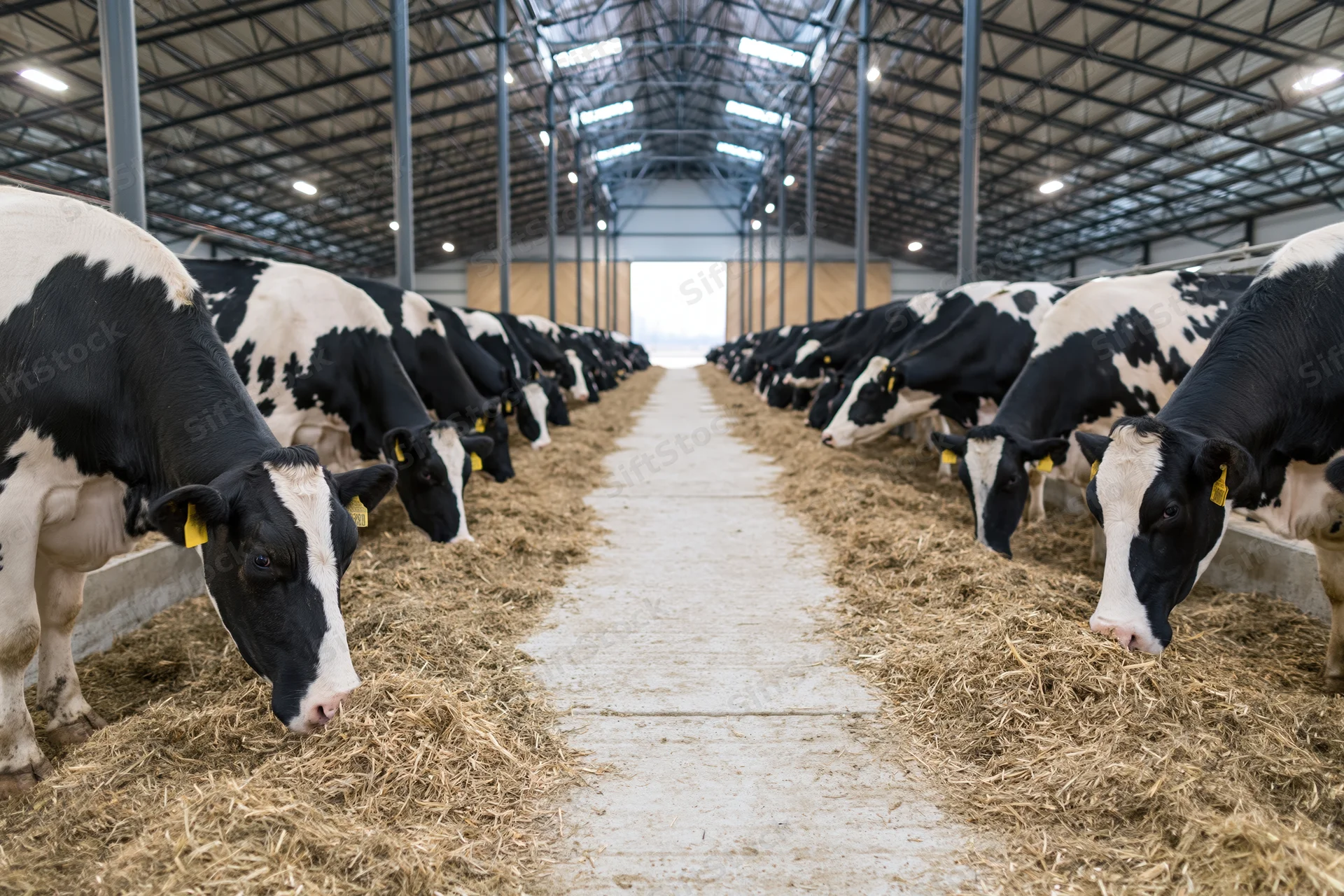 Rows of holstein cows feeding on hay in a modern dairy barn interior