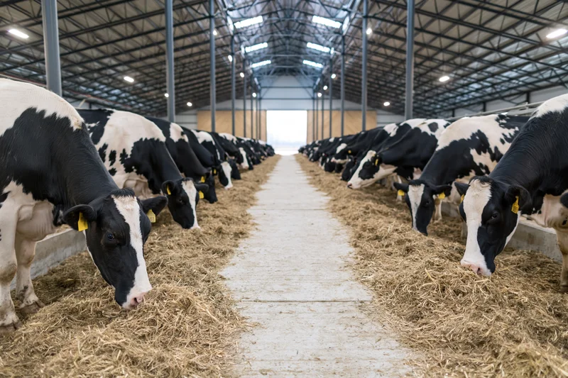Rows of holstein cows feeding on hay in a modern dairy barn interior