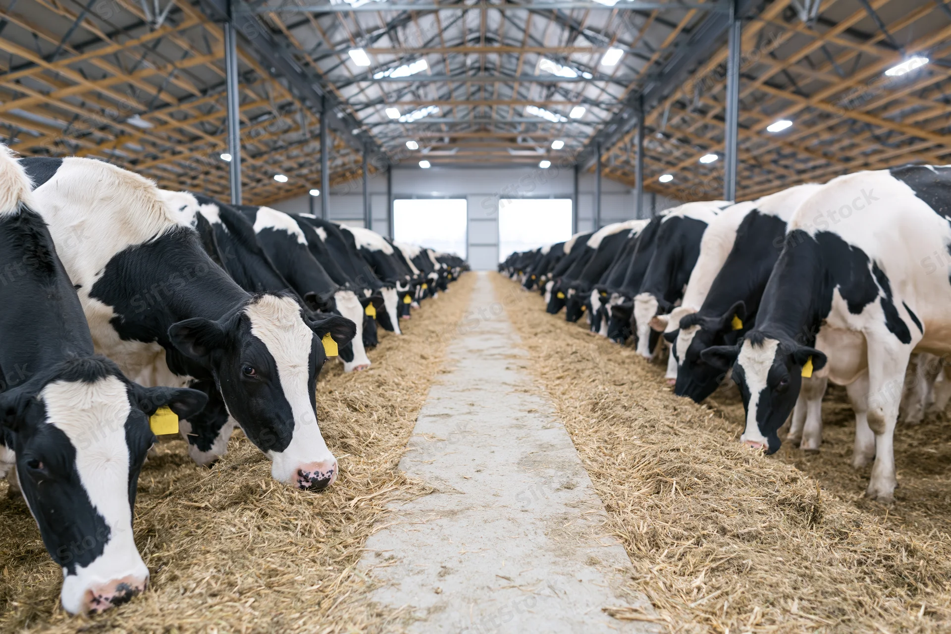 Rows of holstein cows feeding on hay in a modern dairy barn interior