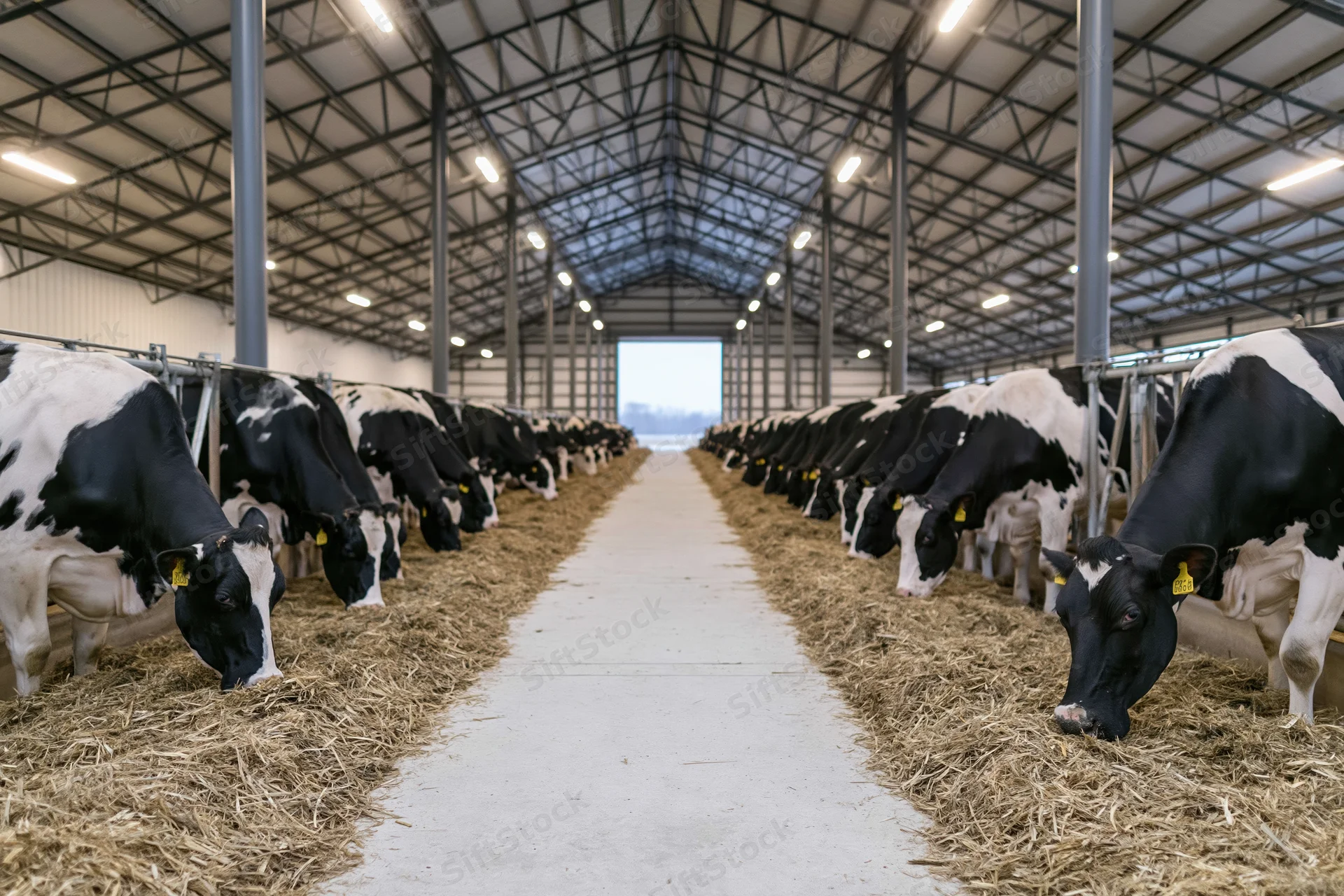 Rows of holstein cows feeding on hay in a modern dairy barn interior