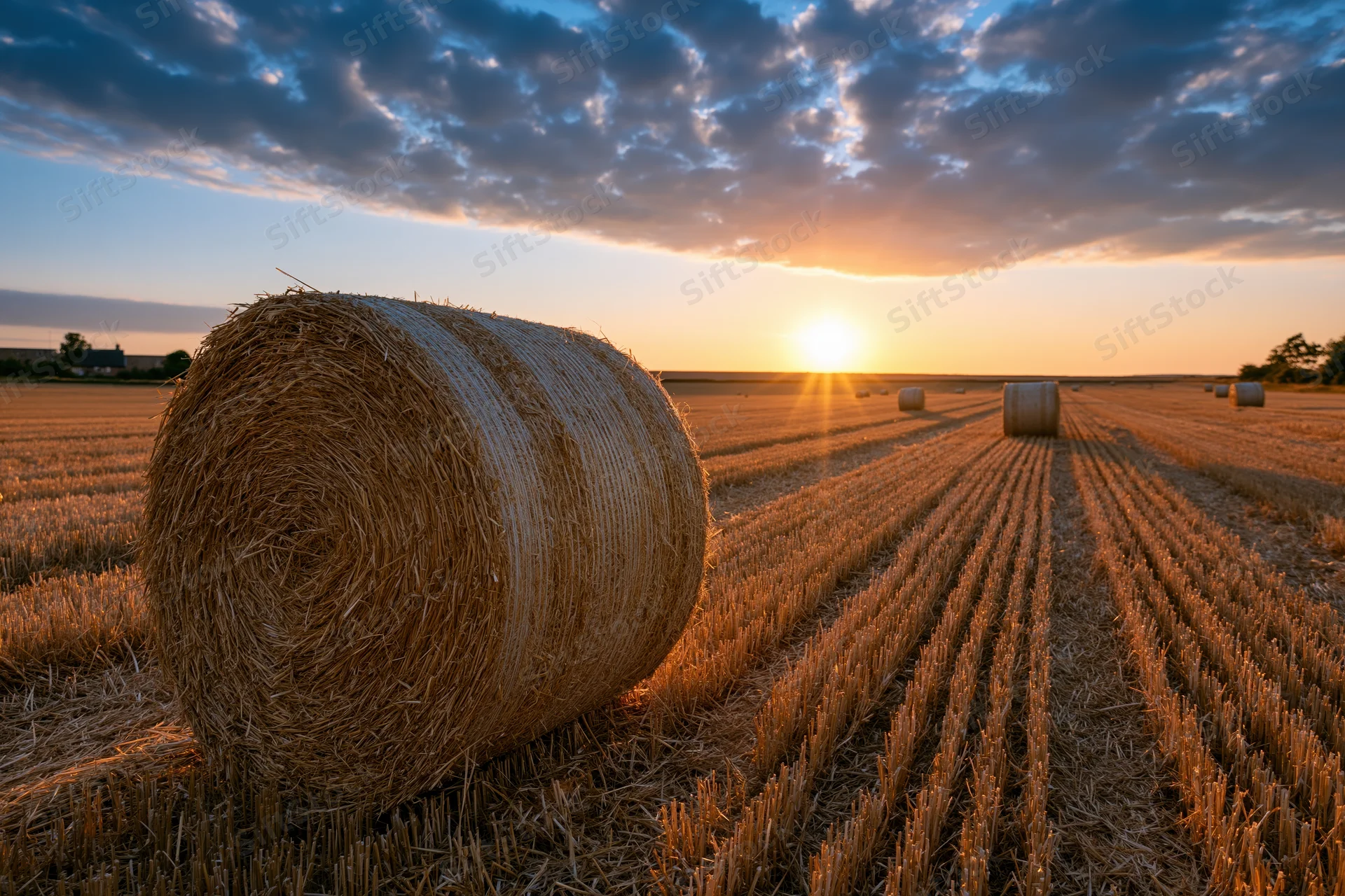 Large round hay bales scattered across a freshly harvested field at sunset