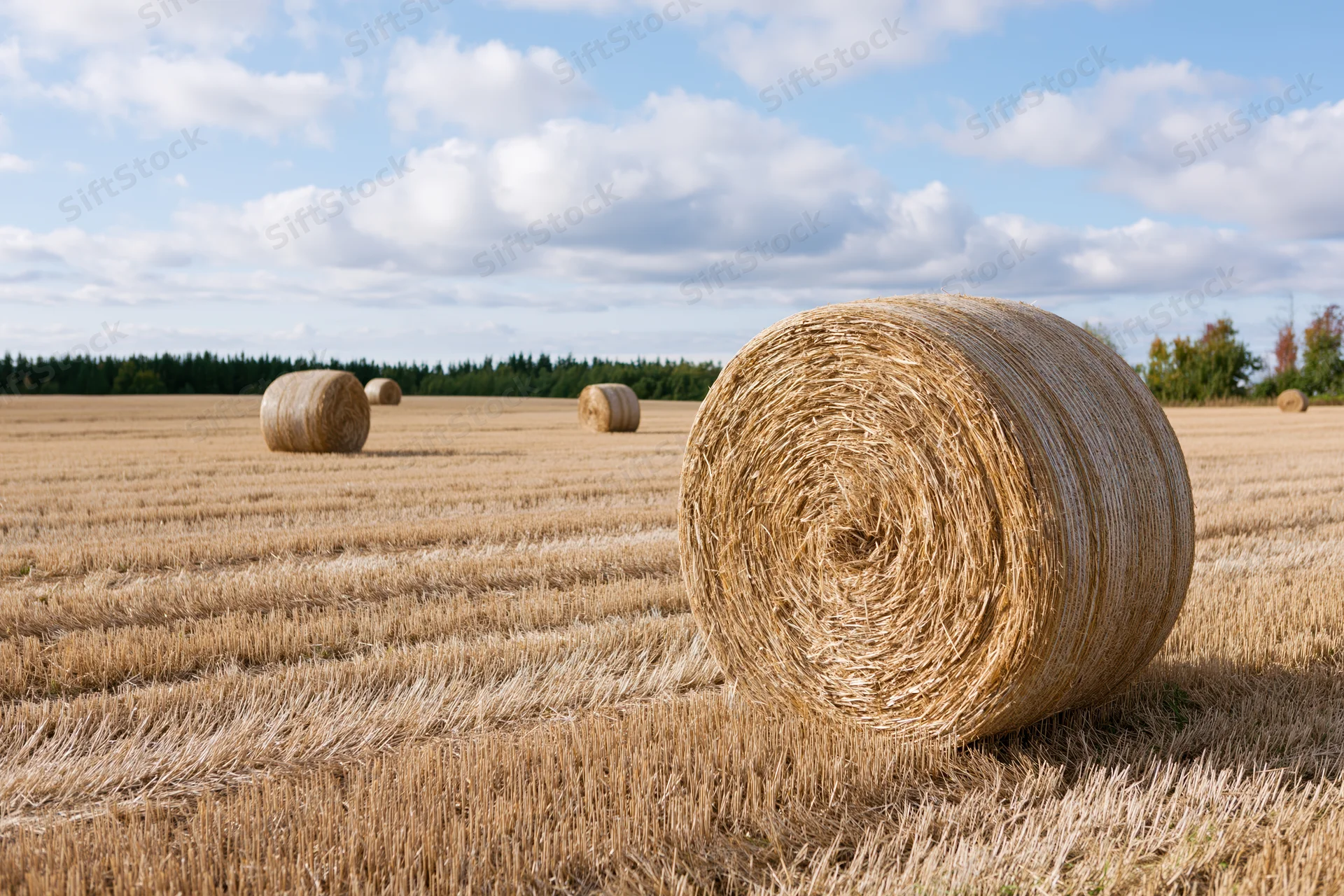 Large round hay bales scattered across a harvested wheat field under a partly cloudy sky
