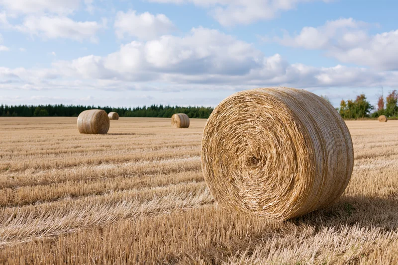 Large round hay bales scattered across a harvested wheat field under a partly cloudy sky