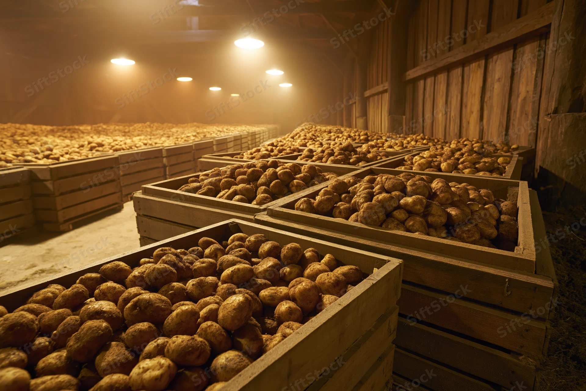 Potatoes stored in wooden crates inside a barn