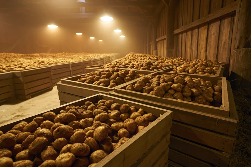 Potatoes stored in wooden crates inside a barn