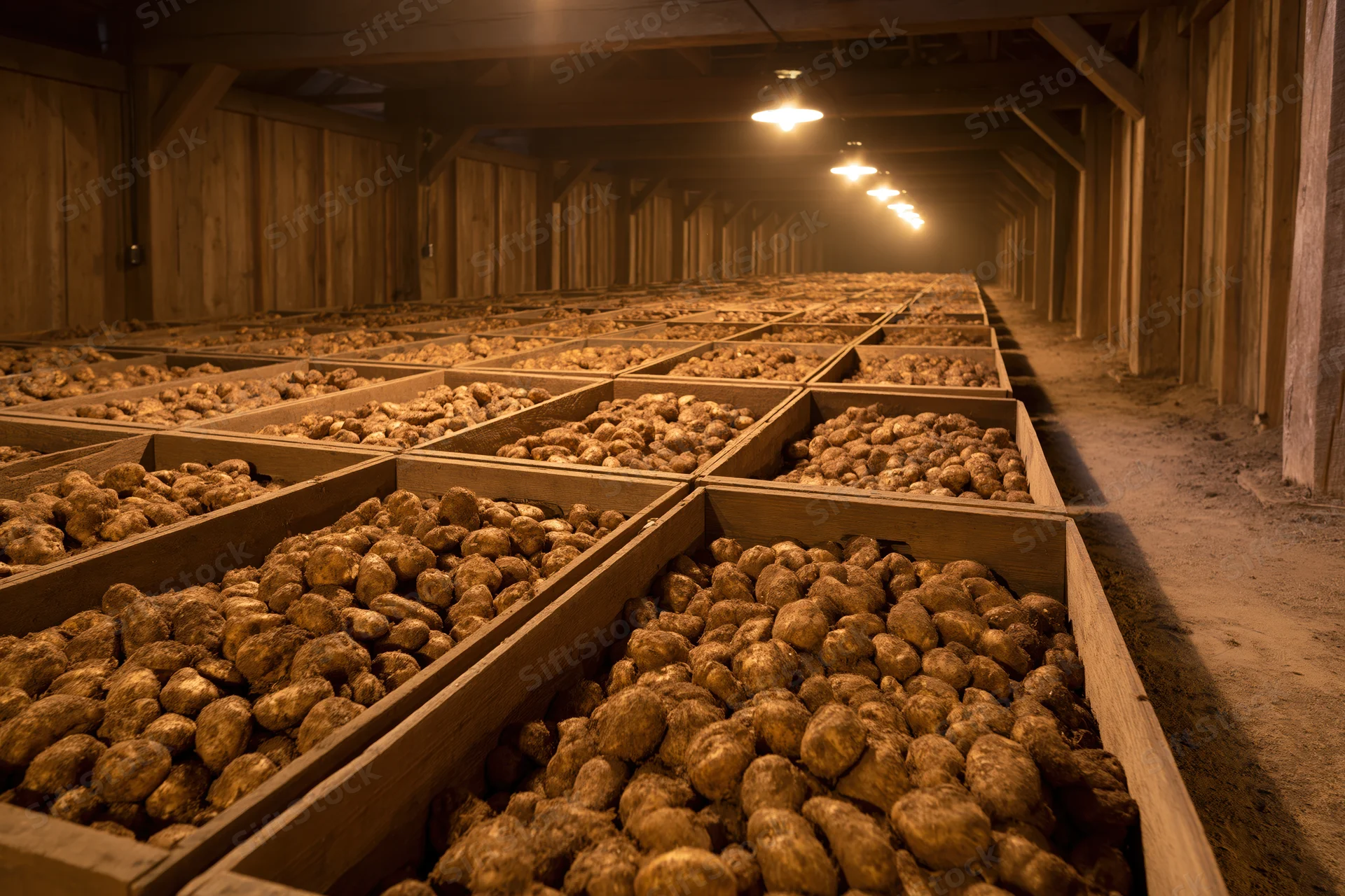 Potatoes stored in wooden crates arranged in rows inside a barn