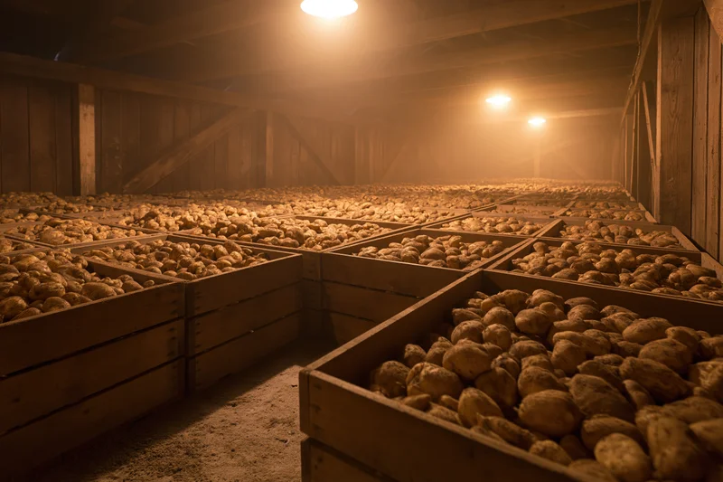 Rows of wooden crates filled with potatoes arranged in a dimly lit barn storage interior