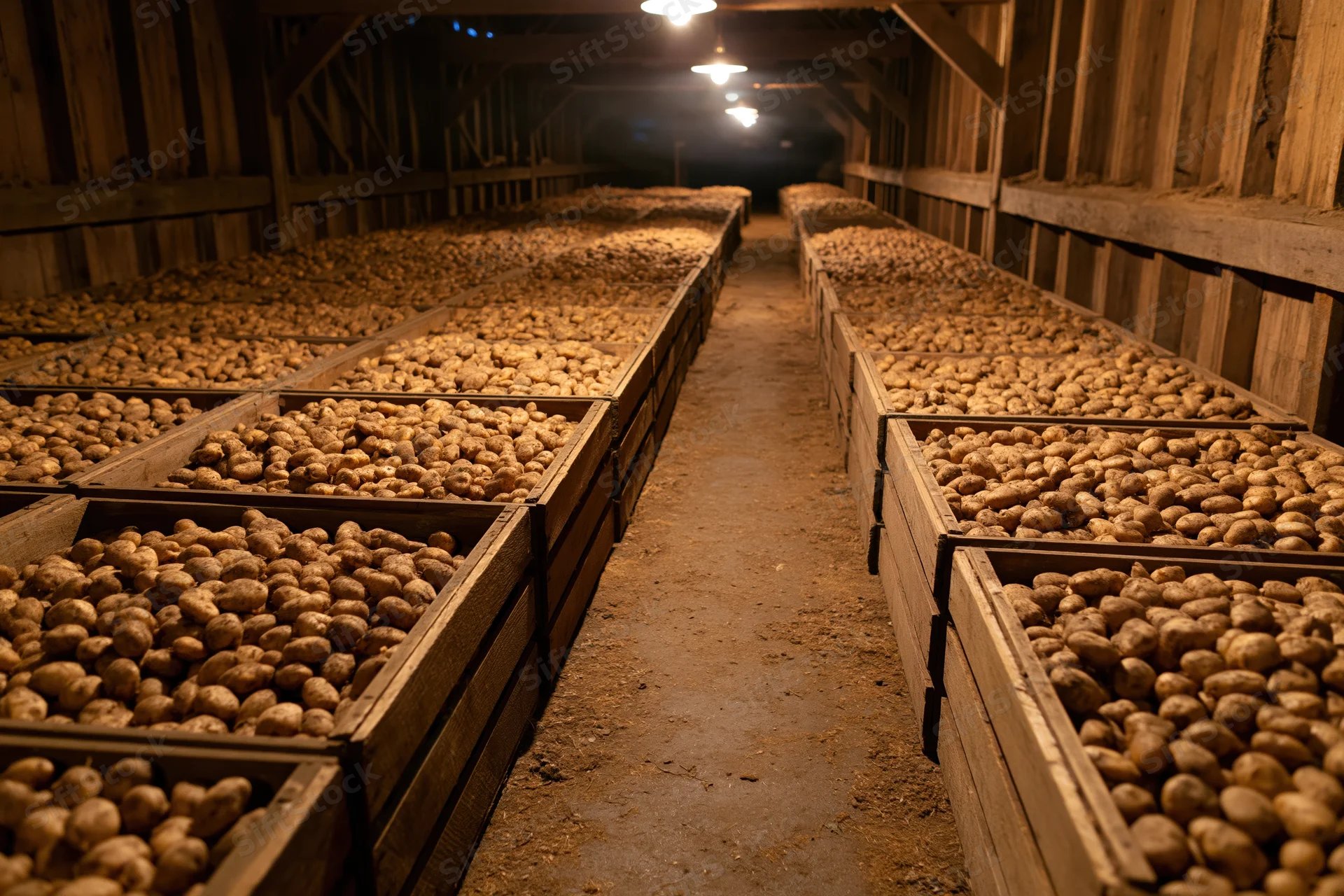 Rows of wooden crates filled with potatoes arranged in a long barn aisle