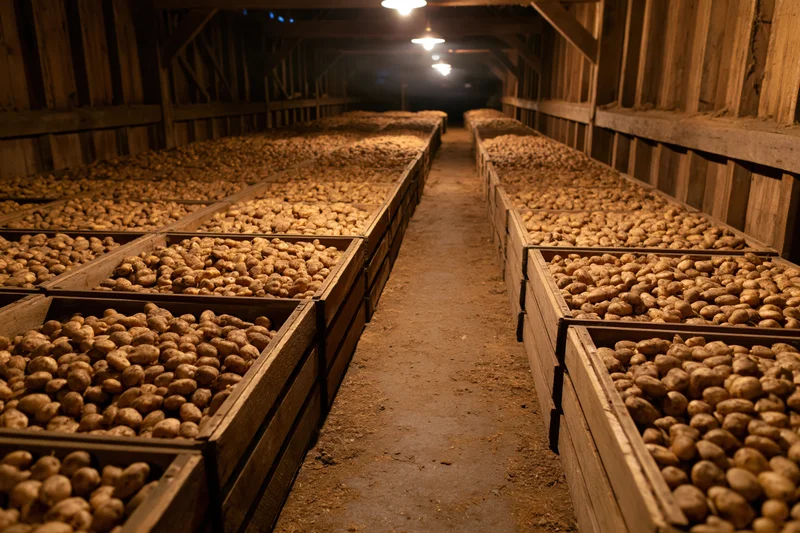 Rows of wooden crates filled with potatoes arranged in a long barn aisle