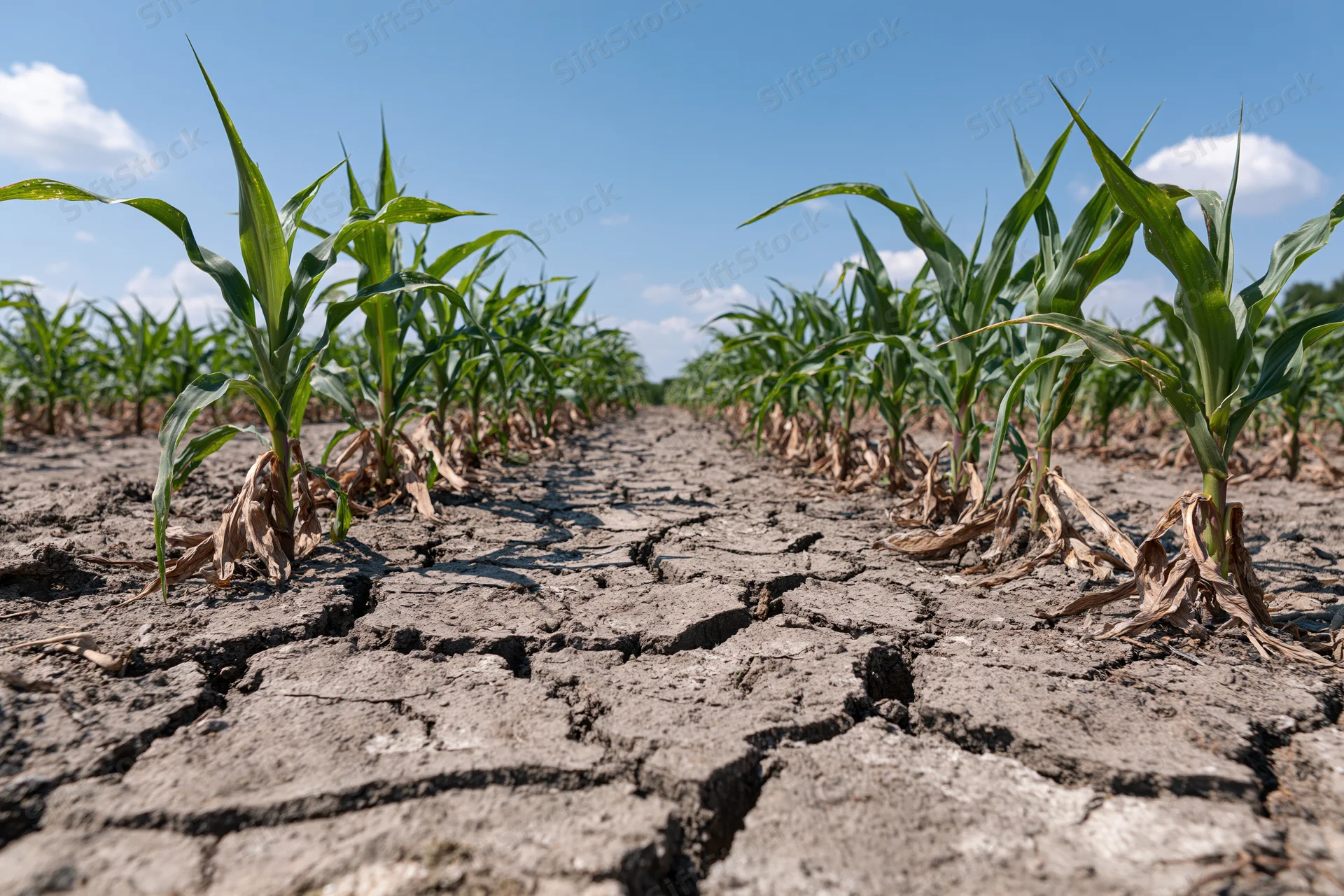 Young corn plants growing in cracked dry soil in a rural field