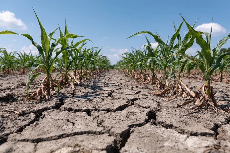 Young corn plants growing in cracked dry soil in a rural field