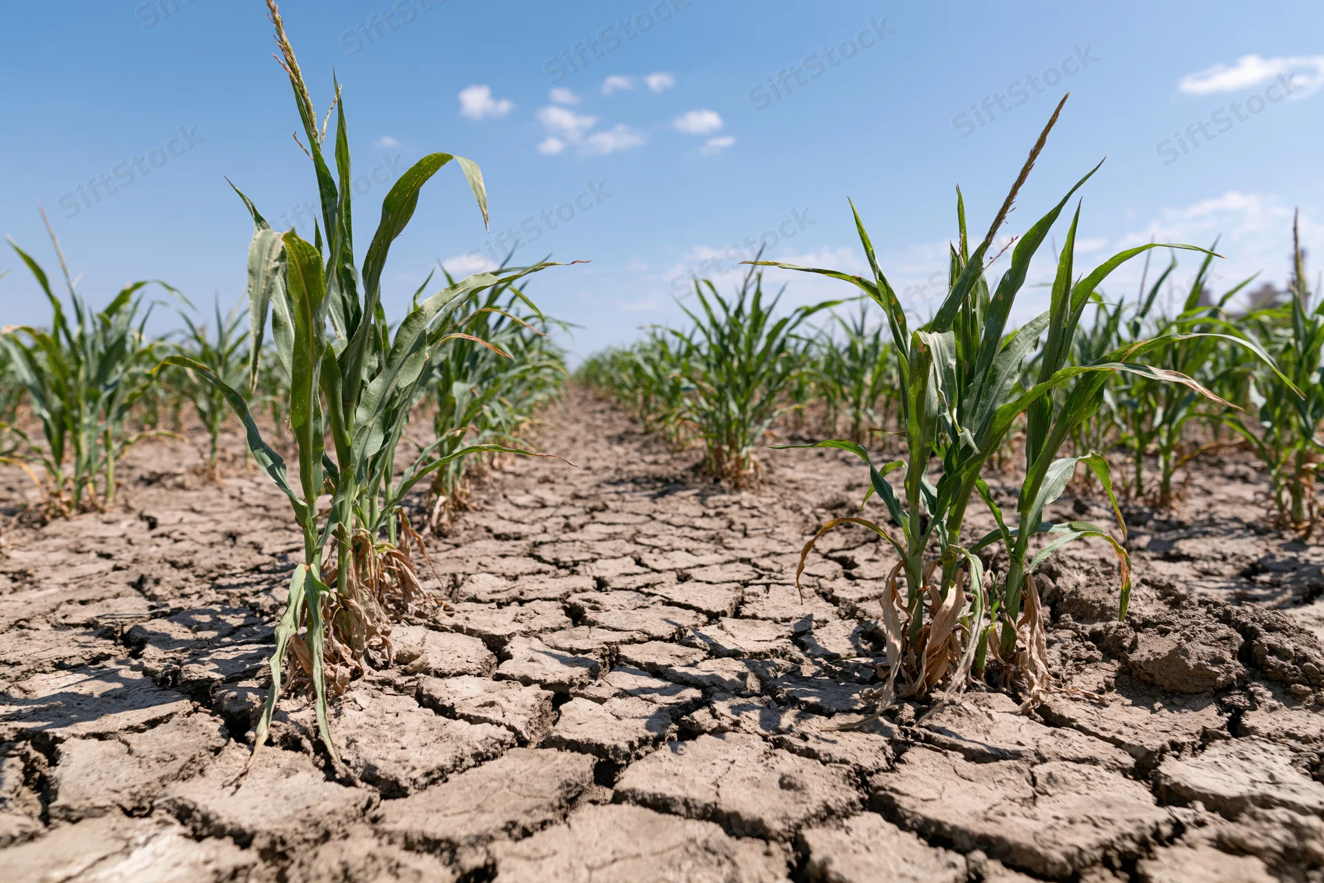 Young corn plants growing in cracked dry soil in a field under a blue sky