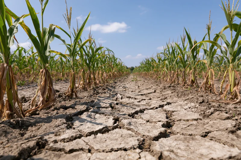 Young corn stalks growing in cracked dry soil in a farm field