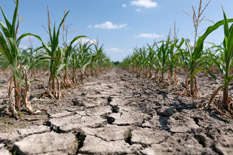 Young corn stalks growing in cracked dry soil in a field under drought conditions
