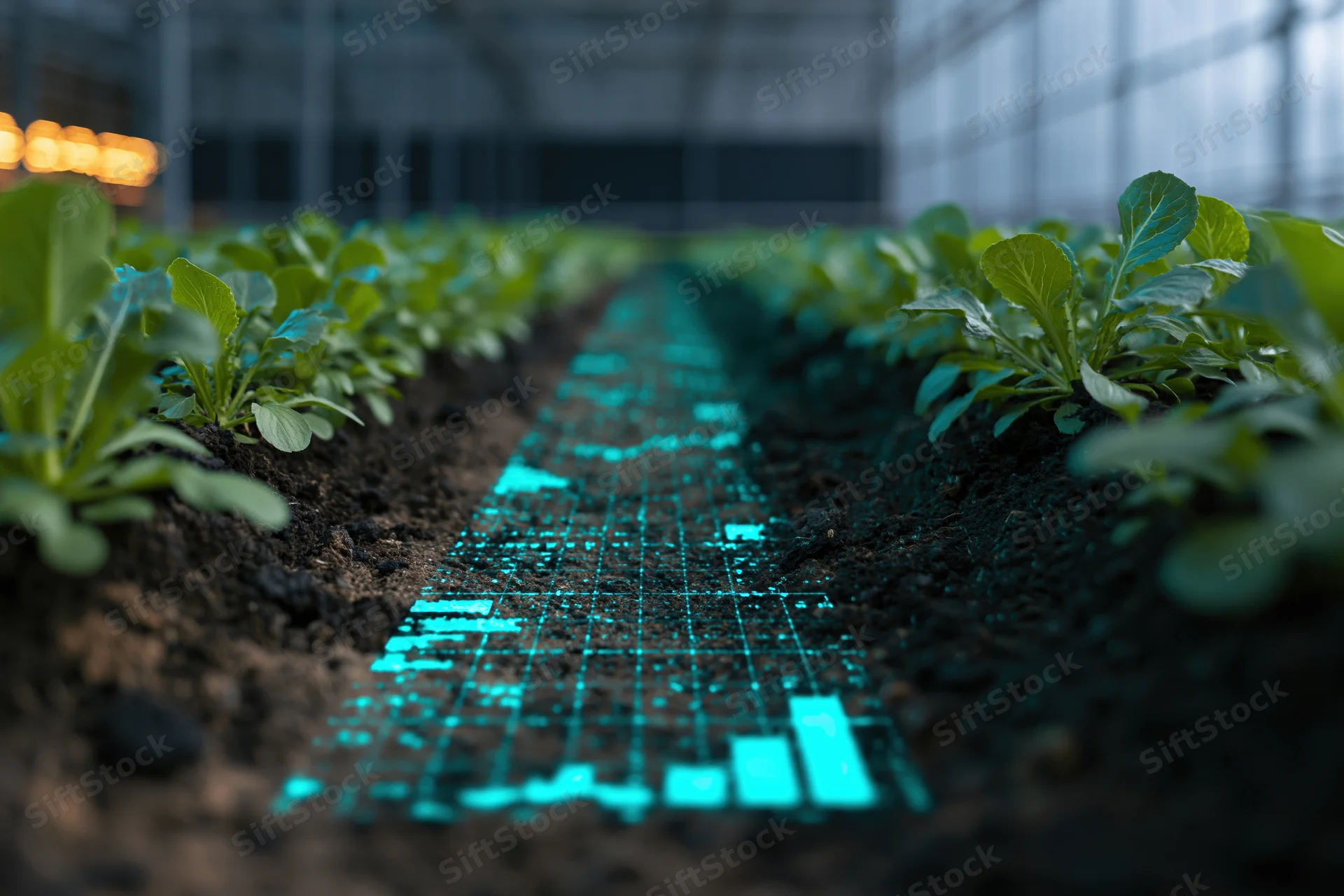 Young lettuce plants growing in rows inside a greenhouse with digital data projection on soil path