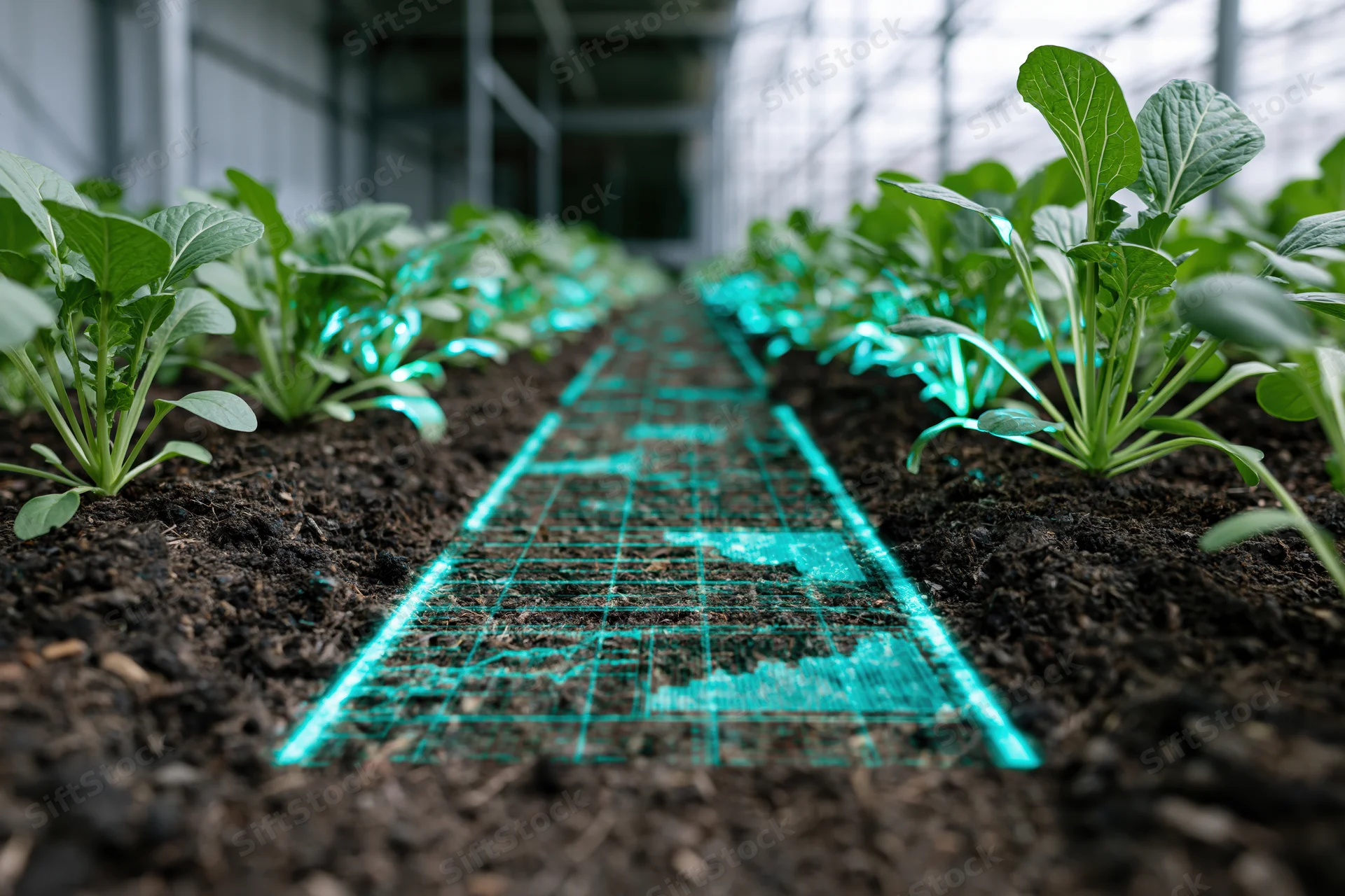 Young leafy plants growing in rows inside a greenhouse with a digital grid projection on the soil path
