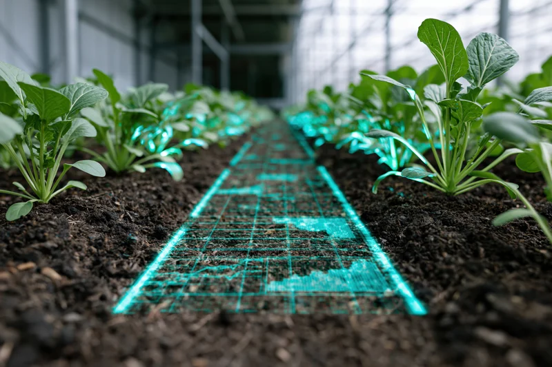 Young leafy plants growing in rows inside a greenhouse with a digital grid projection on the soil path