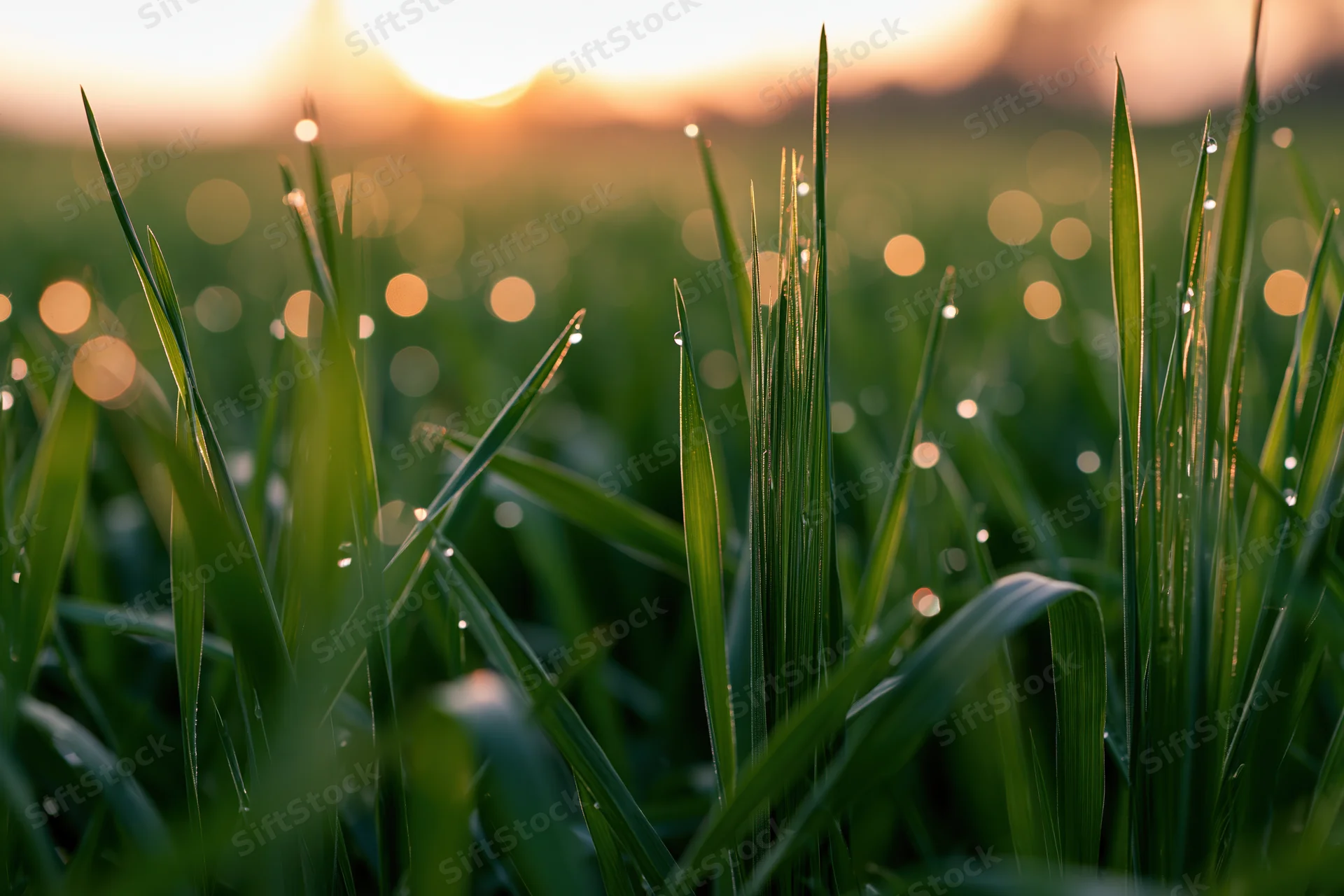 Close-up of green wheat blades with dew drops at sunrise in a field