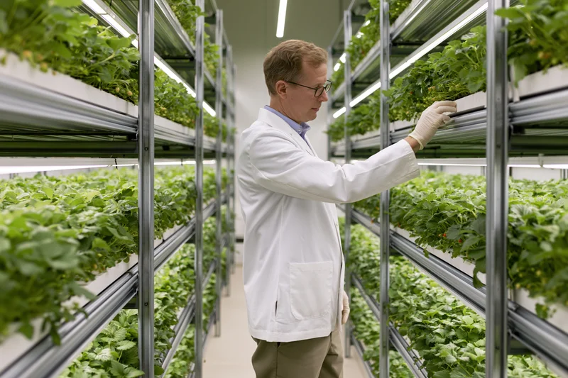 Male researcher in white lab coat examining strawberry plants in vertical hydroponic greenhouse