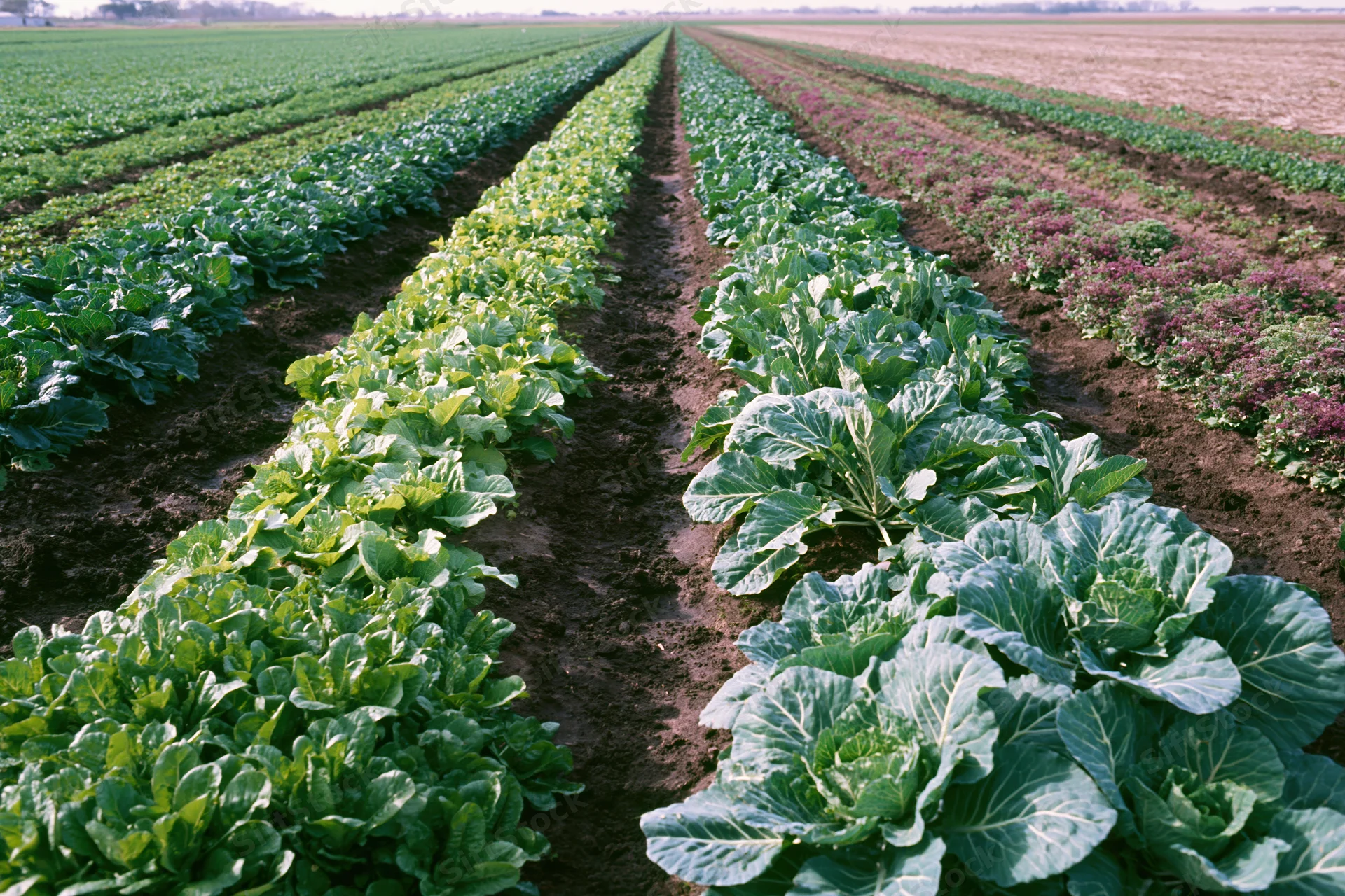 Rows of leafy vegetables growing in parallel lines across a farm field