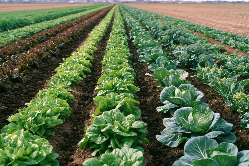 Rows of mixed vegetables growing in neat lines across a farm field