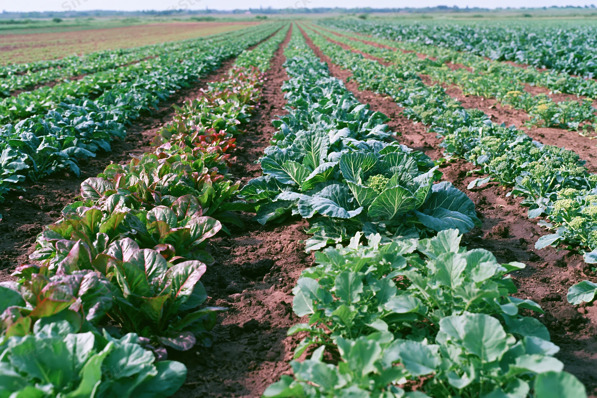 Mixed vegetable crop rows stretching toward the horizon across a cultivated field