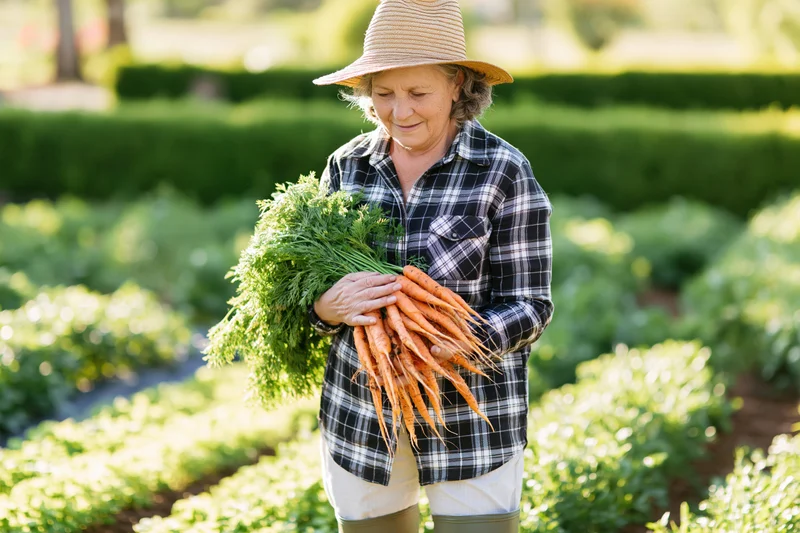Senior woman holding harvested carrots in vegetable garden