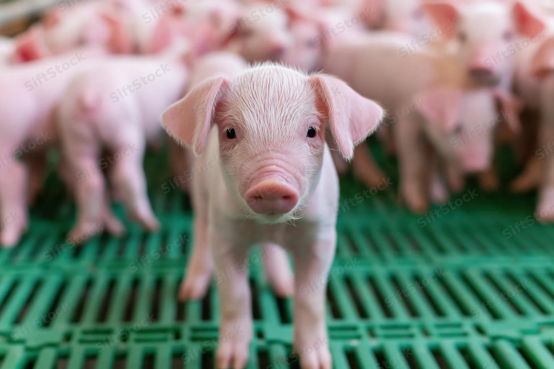 One young piglet standing upright and looking into the camera