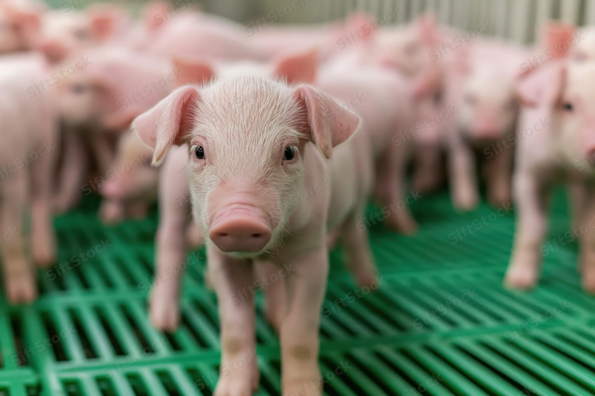 Young piglet standing upright on green slatted flooring in a farm pen with other piglets in the background