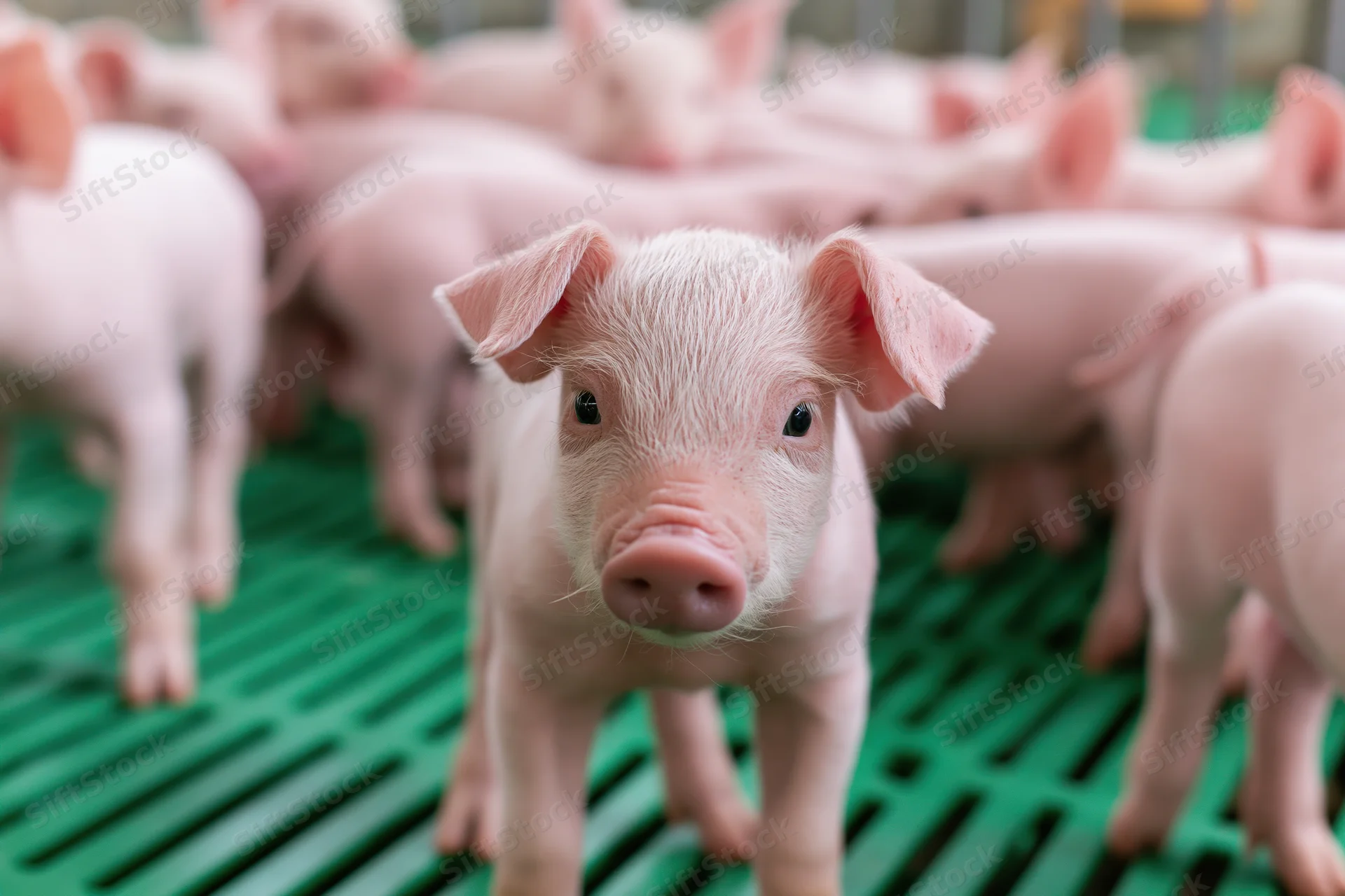 Young piglet standing upright and looking directly at camera in a green slatted flooring pig nursery