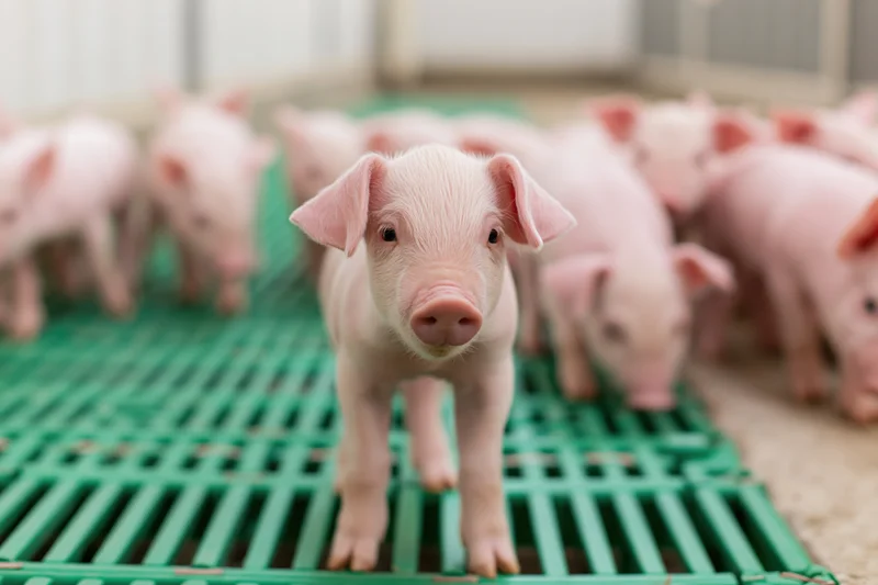 Young pink piglet standing on green slatted flooring in a farm pen with other piglets in background