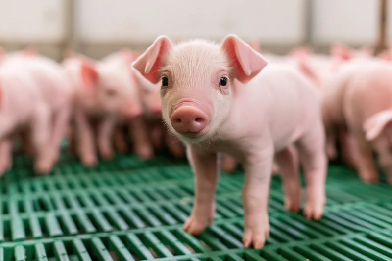 Young pink piglet standing on green slatted flooring in a farm nursery pen