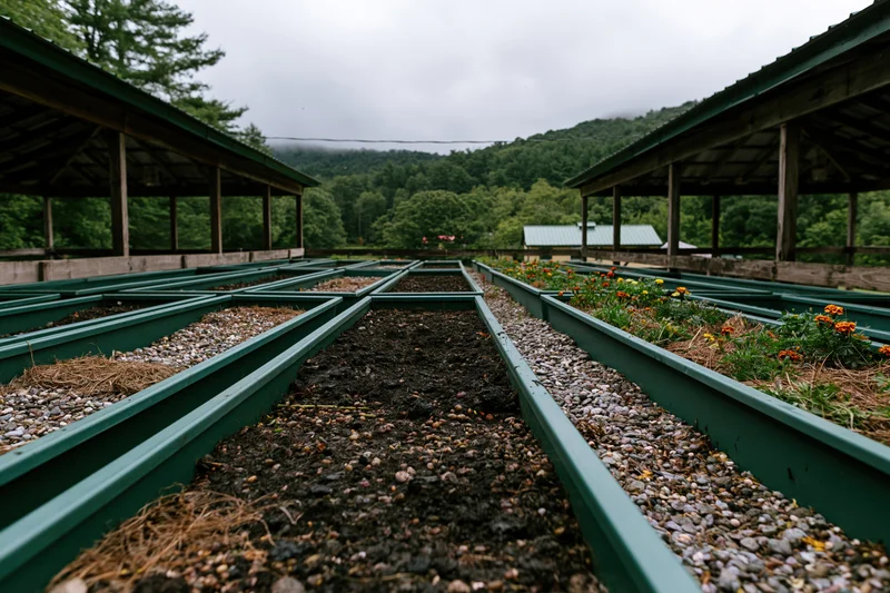 Rows of raised garden beds with compost and plants under covered shelters at a farm