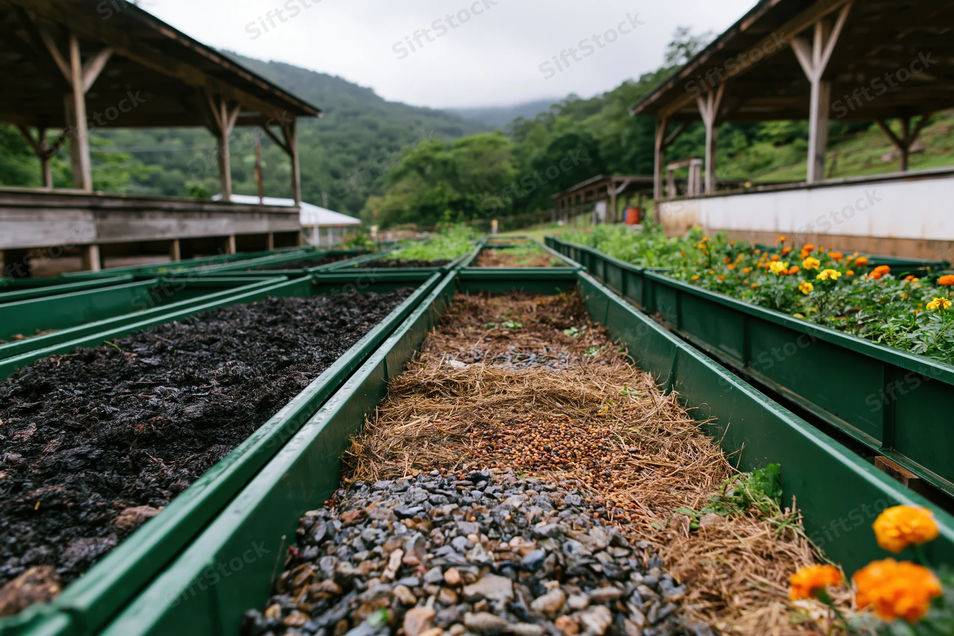 Composting and planting beds arranged in rows at an outdoor farm with wooden shelters and hills in the background
