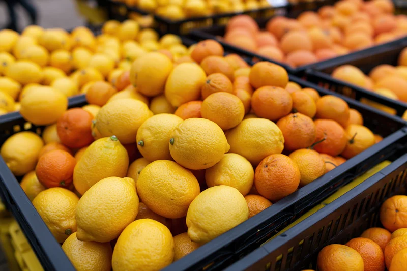 Lemons and mandarins piled high in black crates at an outdoor market stall