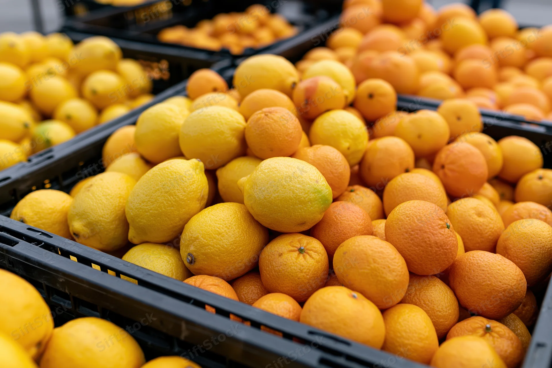 Lemons and mandarins piled high in black crates at an outdoor market stall