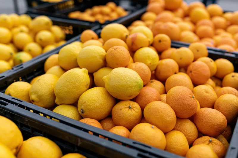 Lemons and mandarins piled high in black crates at an outdoor market stall