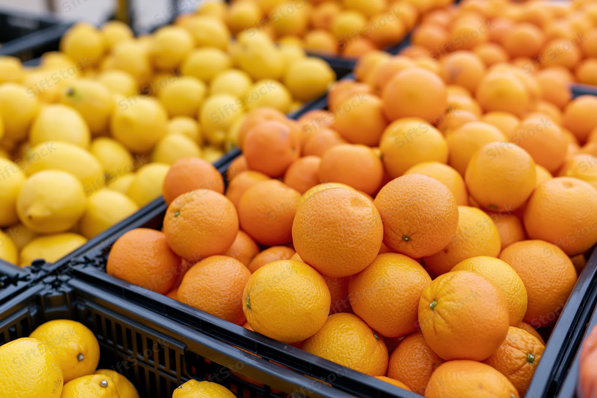 Lemons and mandarins piled high in black crates at an outdoor market fruit stall