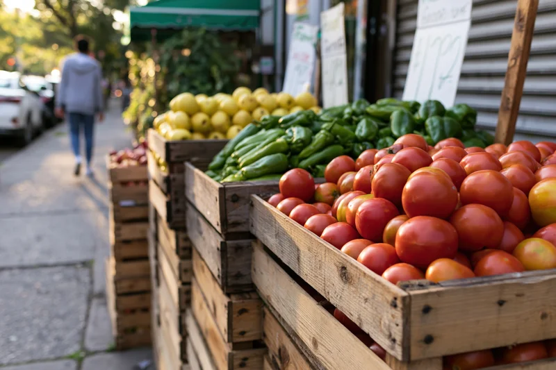 Tomatoes and vegetables in wooden crates on urban sidewalk market