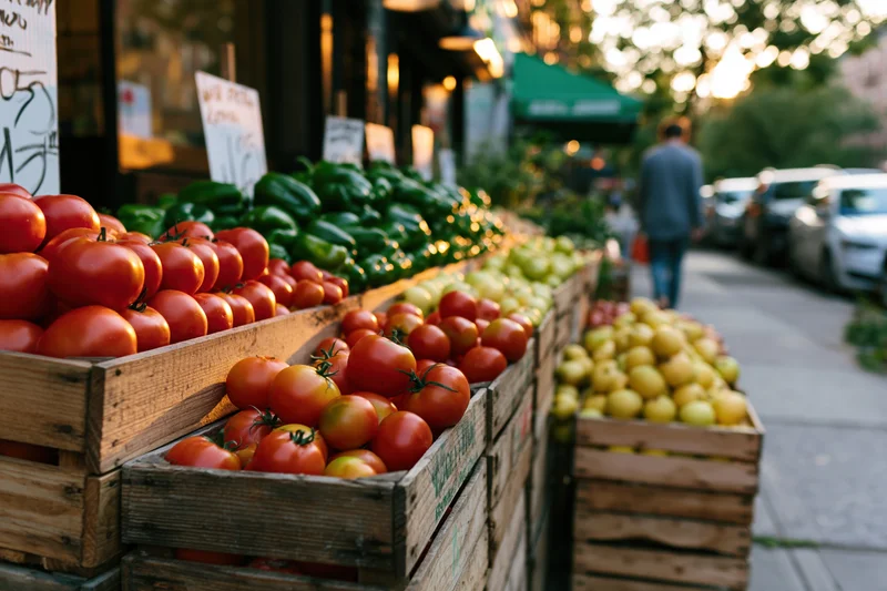 Tomatoes and peppers in wooden crates arranged along an urban sidewalk market