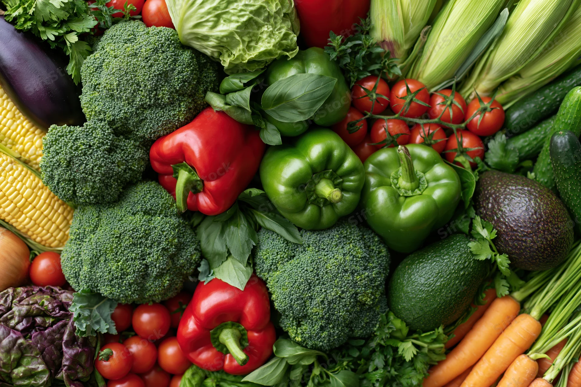 Overhead flat lay of fresh vegetables arranged densely on a surface