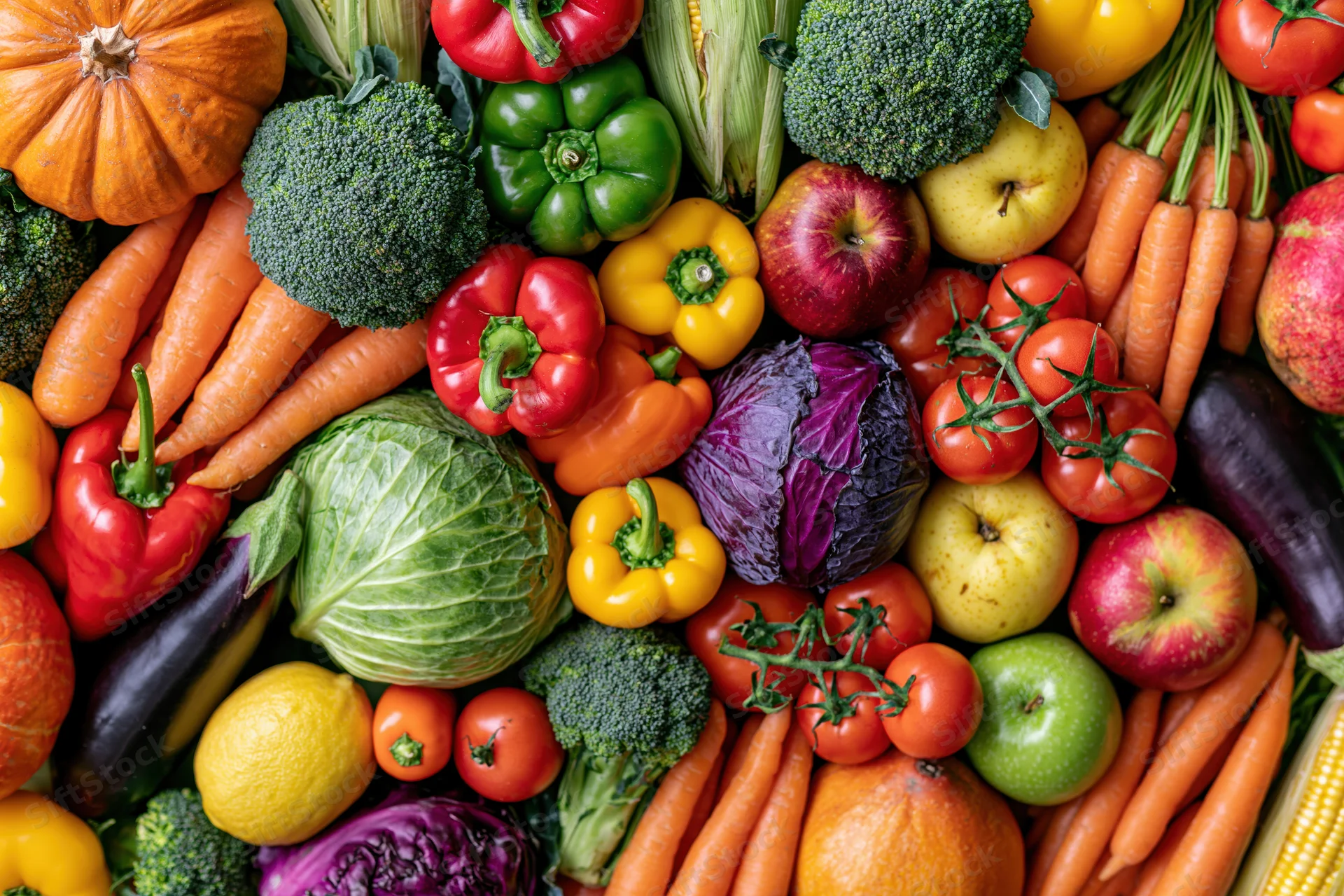Overhead flat lay of densely packed fresh vegetables and fruits arranged in a colorful pattern