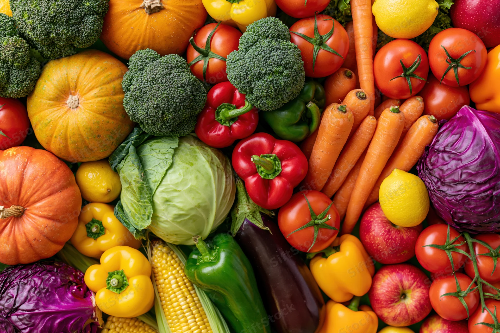 Overhead flat lay of densely packed fresh vegetables and fruits arranged in a colorful still life composition