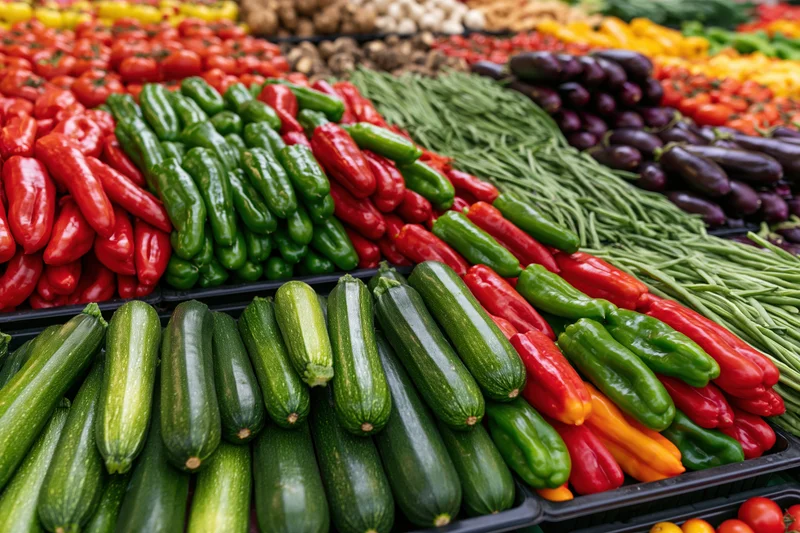 Densely packed outdoor market vegetables arranged in rows on display trays