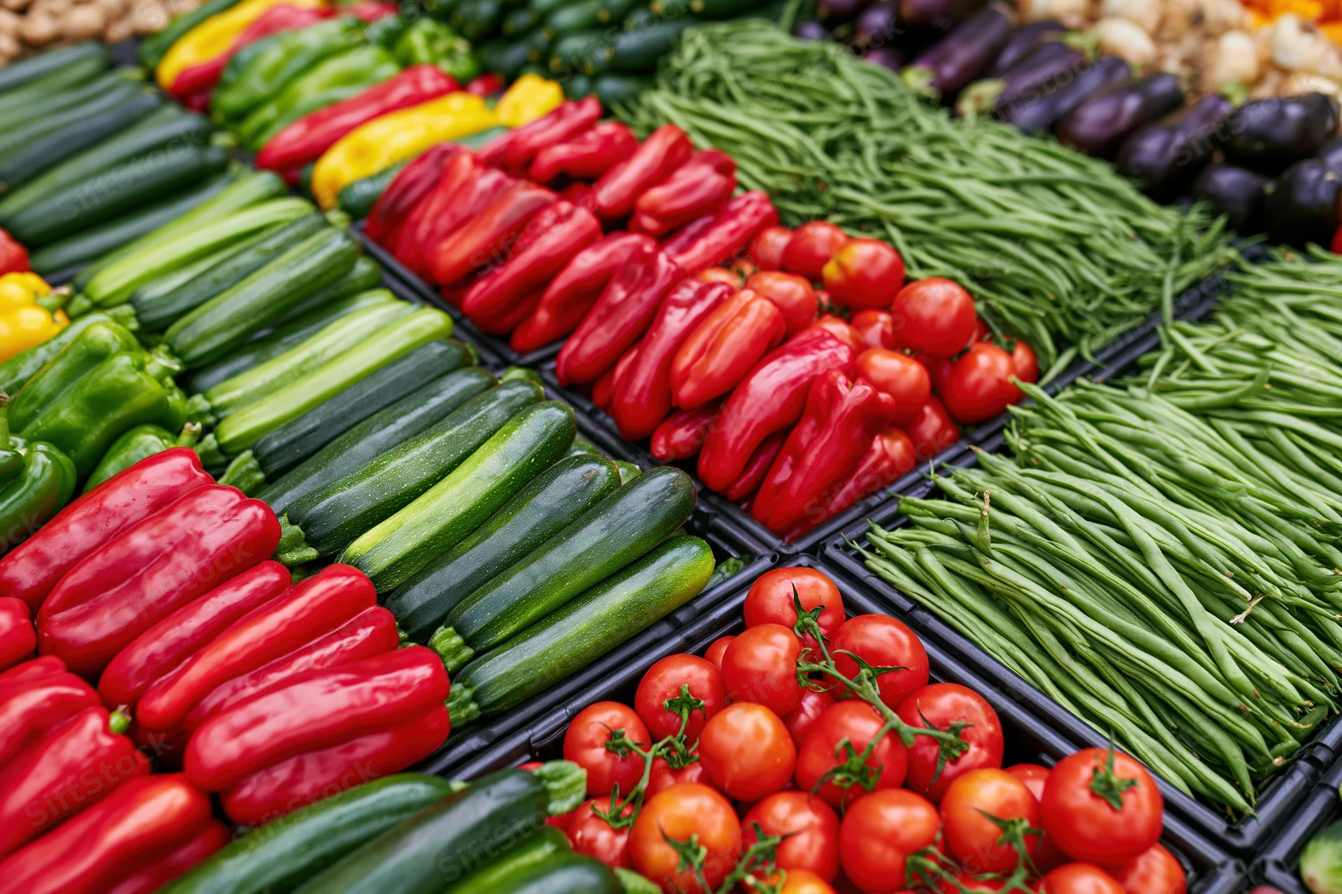 Overhead view of fresh vegetables arranged in rows at an outdoor market stall