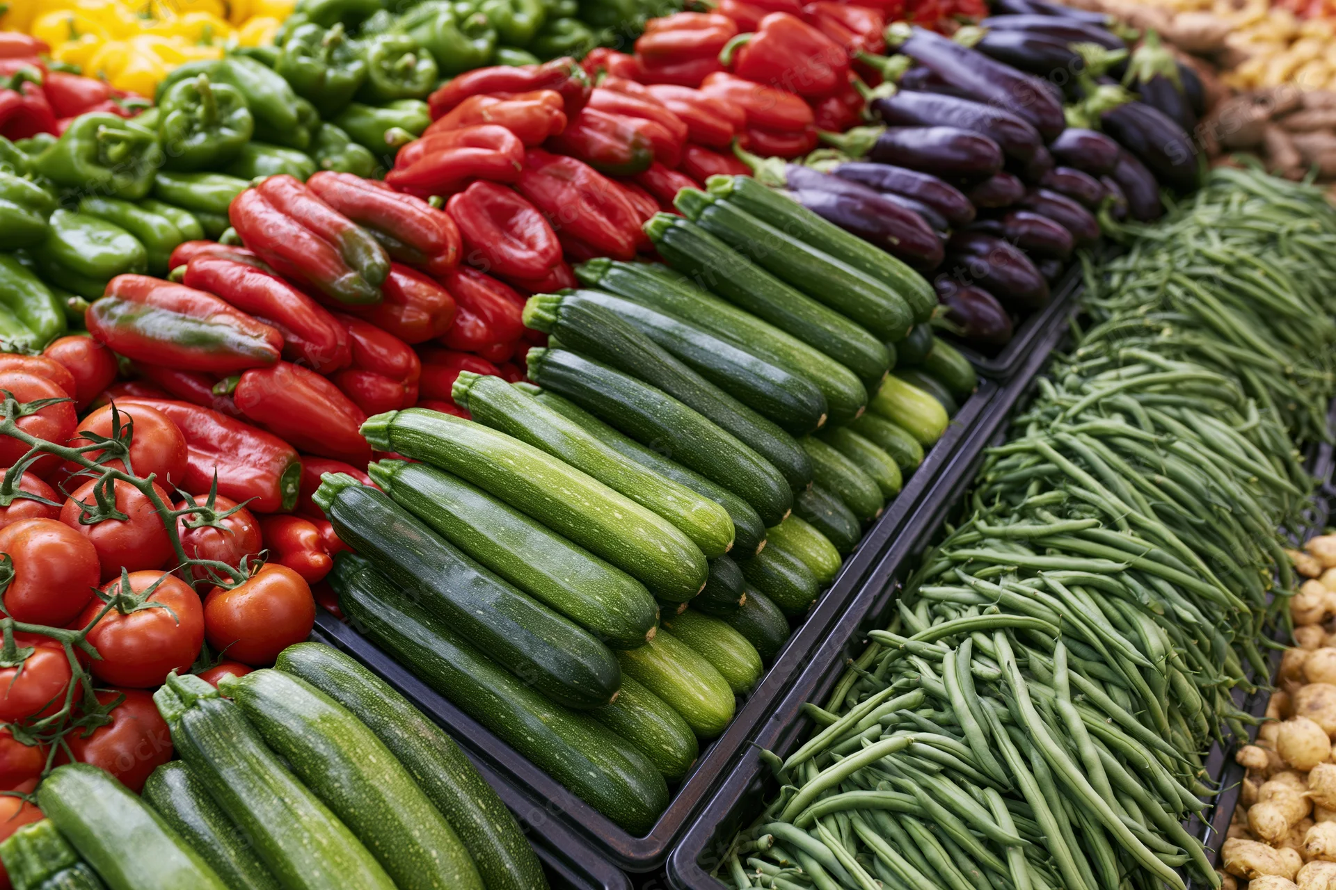 Overhead view of fresh vegetables arranged in rows at an outdoor market stall